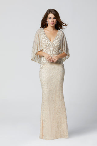 cape sleeve evening gown