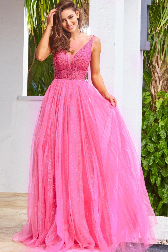 Sheer Long Sleeves Low V Neck Plunging Back Long Tulle Ball Gown - 1915P8344