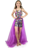 Marc Defang 5010 Short Girls Sequin Romper Fun Fashion Overskirt Pageant Kids  This Fun Fashion piece comes with detachable overskirt is included in the price  Fully iridescent multicolor beaded romper  With soft knitted inner lining for comfort Side zipper Floor length overskirt adds fun to walk Available Sizes: 4-14 Available Colors: White, Multi