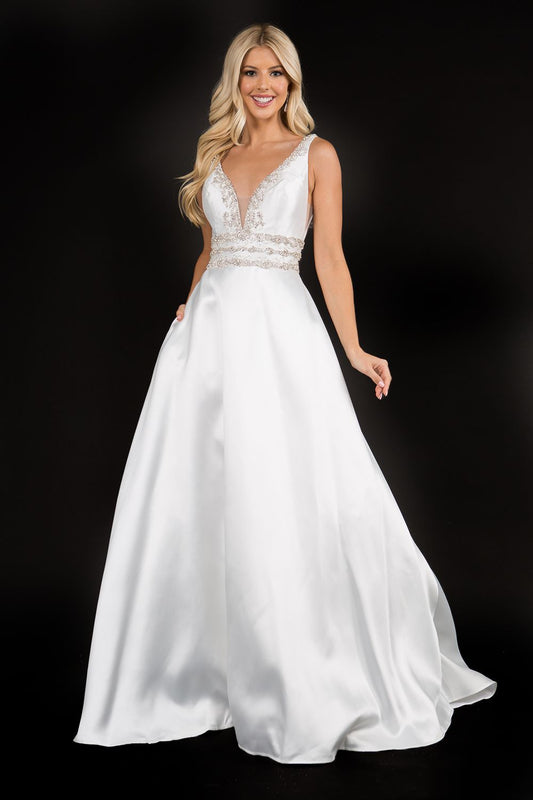 Formal Dress: 7046. Long Wedding Dress, Illusion Neckline, Ball Gown