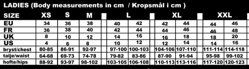 size chart for danefae womens