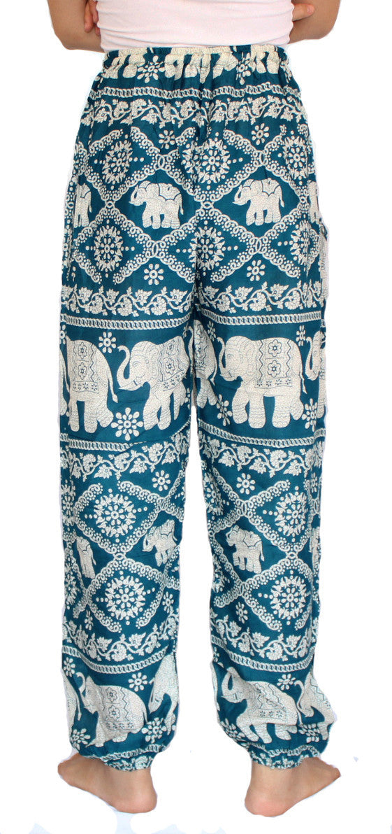 Green Turquoise Elephant Harem Pants With Drawstring Waist - Bohemian ...