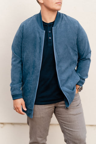 Blue Microfiber Suede Bomber Jacket by Dapper Boi. dapperboi.com