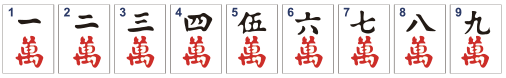 Suits - Mahjong Characters or Craks tiles numbered from 1 to 9