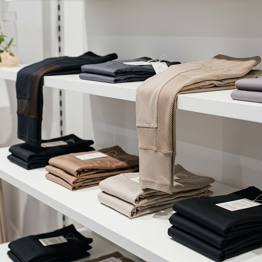 Eco-friendly mesh panel leggings on a minimalist boutique shelf, with tags showcasing sustainable features like bamboo mesh.