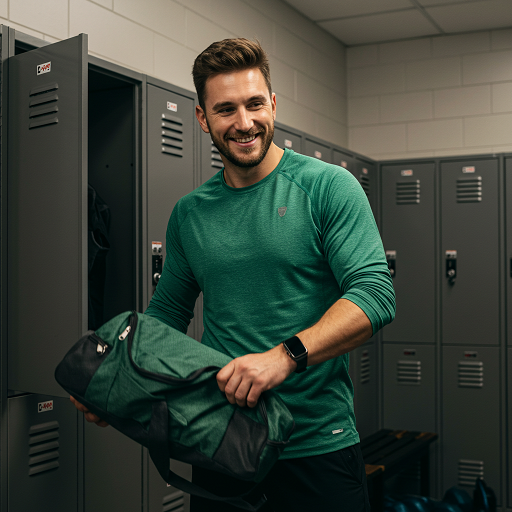 A man in a green moisture-wicking gym shirt smiles confidently in a locker room, free from workout odor.