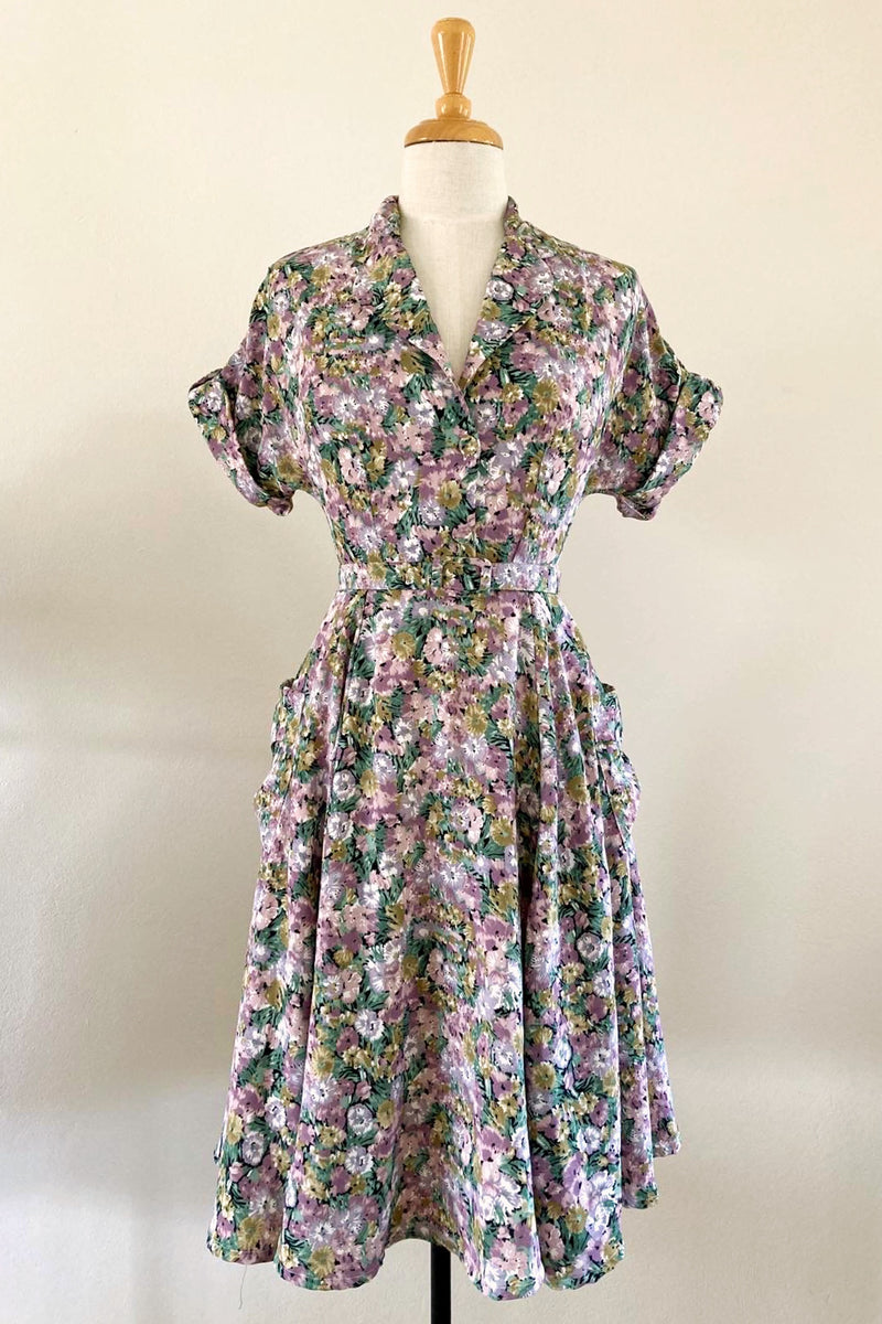 Nancy 1940’s Lilac & Green Floral Dress – Elise Design