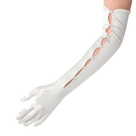 Tall ivory satin bridal gloves with cutouts and buttons.