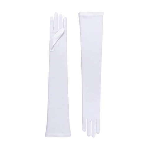 Tall white cotton bridal gloves.