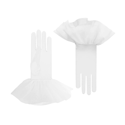 Short white tulle bridal gloves with tulle cuffs.