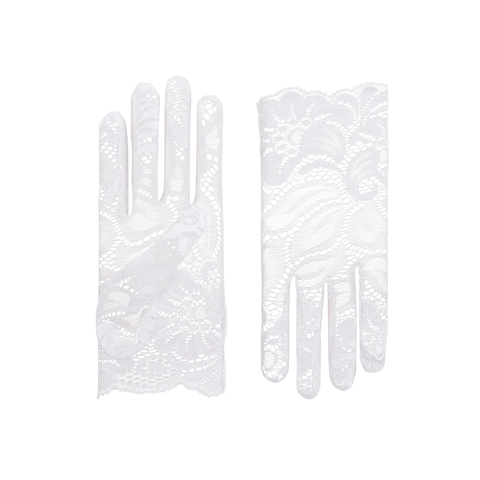 Short white lace bridal gloves with scalloped edging