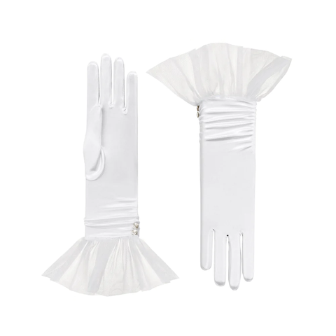 Short white satin bridal gloves with tulle cuffs