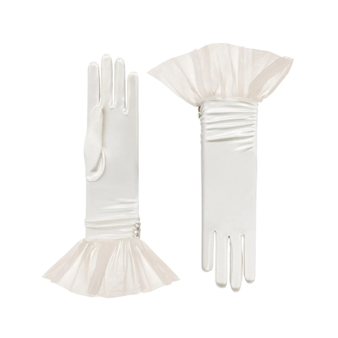 Short Ivory satin bridal gloves with tulle cuffs.
