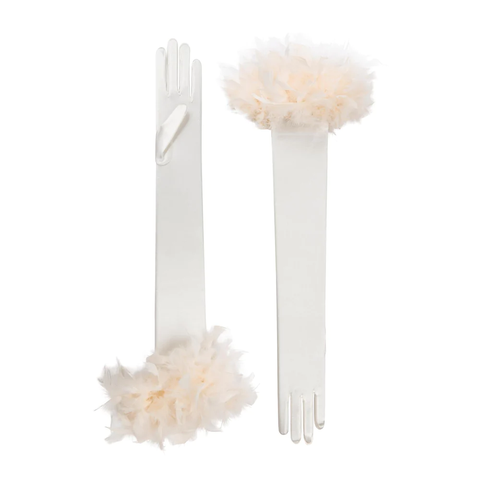 Tall ivory satin bridal gloves with feathers.