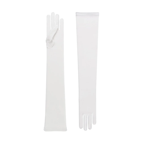 Tall white silk bridal gloves.