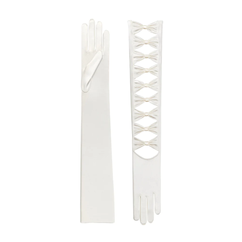 Tall ivory satin bridal gloves with bow cutouts.