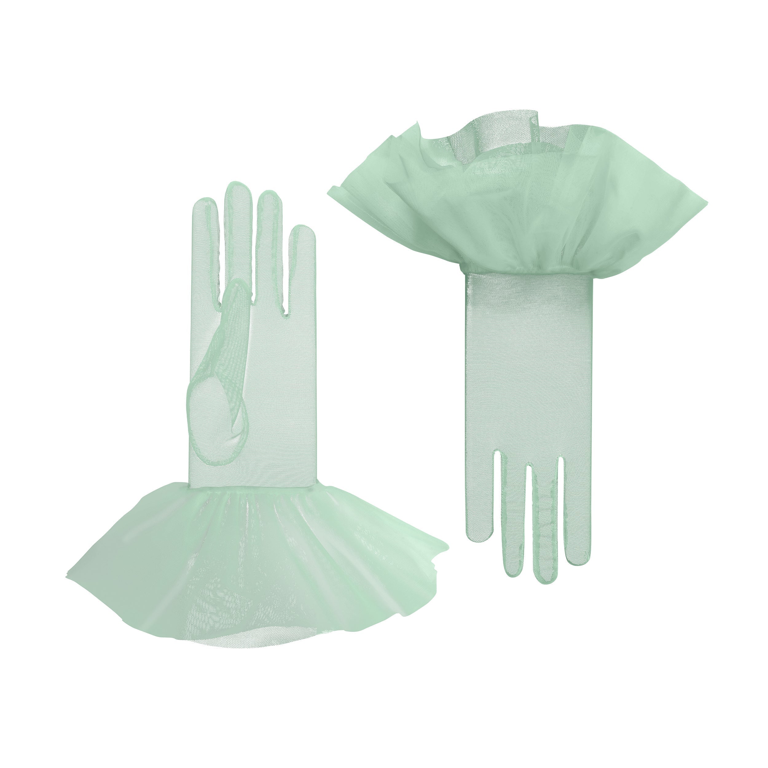 Cornelia James - Green Tulle Gloves with Harlequin Cuff - Lara - Size Large (8½) - Handmade Tulle Gloves by Cornelia James