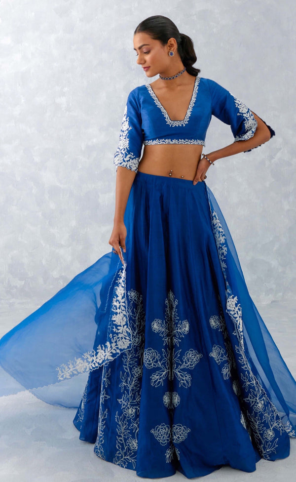 Buy Indian Zari Embroidered Net Dark Royal Blue Lehenga LLCV114885