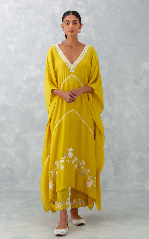 Yellow Chikankari Embroidered Crepe Kaftan Dress | Kaftan dress, Dress,  Kaftan
