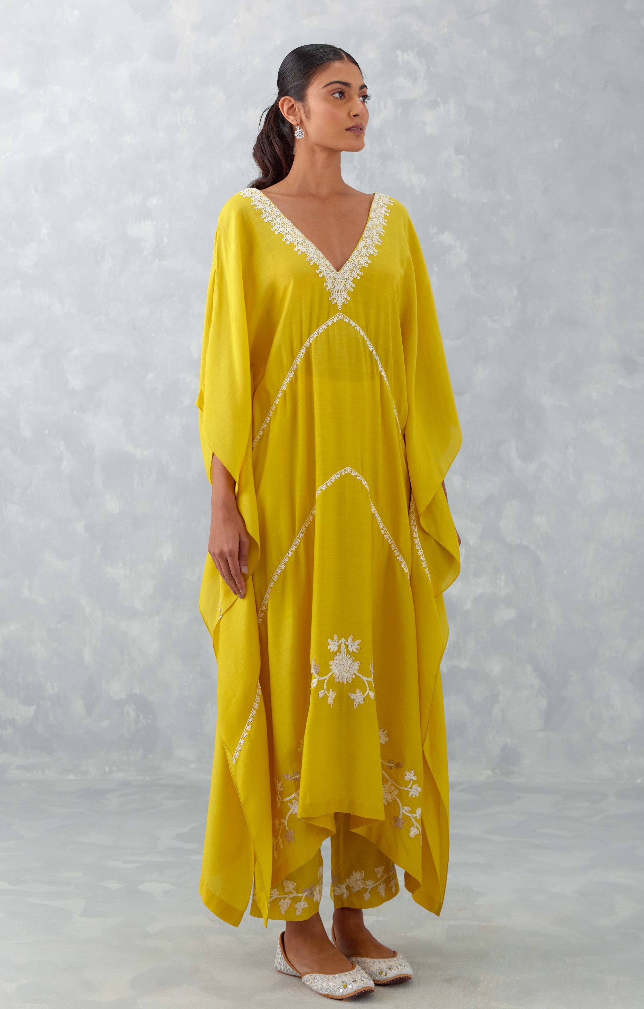 Devnaagri - Yellow Embroidered Muslin Kaftan Set