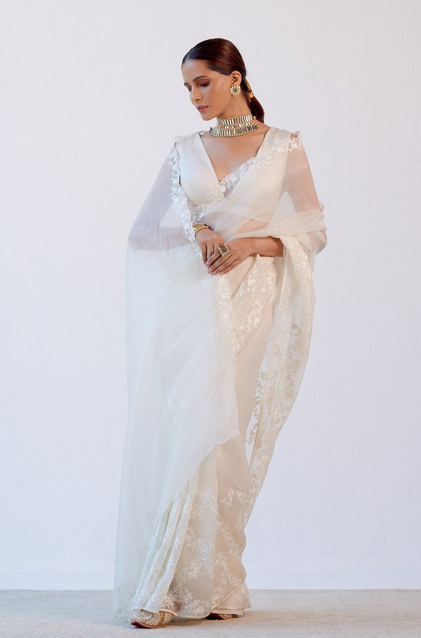 Devnaagri - Ivory Embroidered Net and Satin Saree