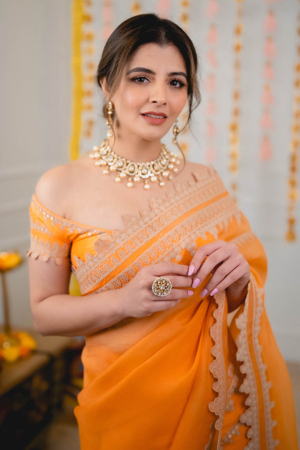 pretty peach saree and embroidered blouse paired with diamond jewellery |  Bridal blouse designs, Indian bridal fashion, Bridal silk saree