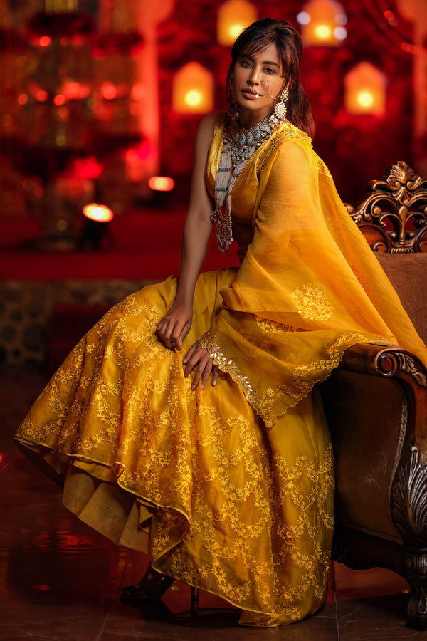 Mustard Raw Silk Zardosi Embroidered Lehenga Set