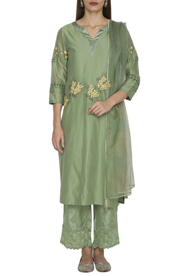 Classy Pista Green Pure Cotton Contrast Embroidered Kurta Pant Set - D –  Sujatra