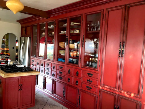 custom made red kitchen cabinets and antique glass hutch los angeles