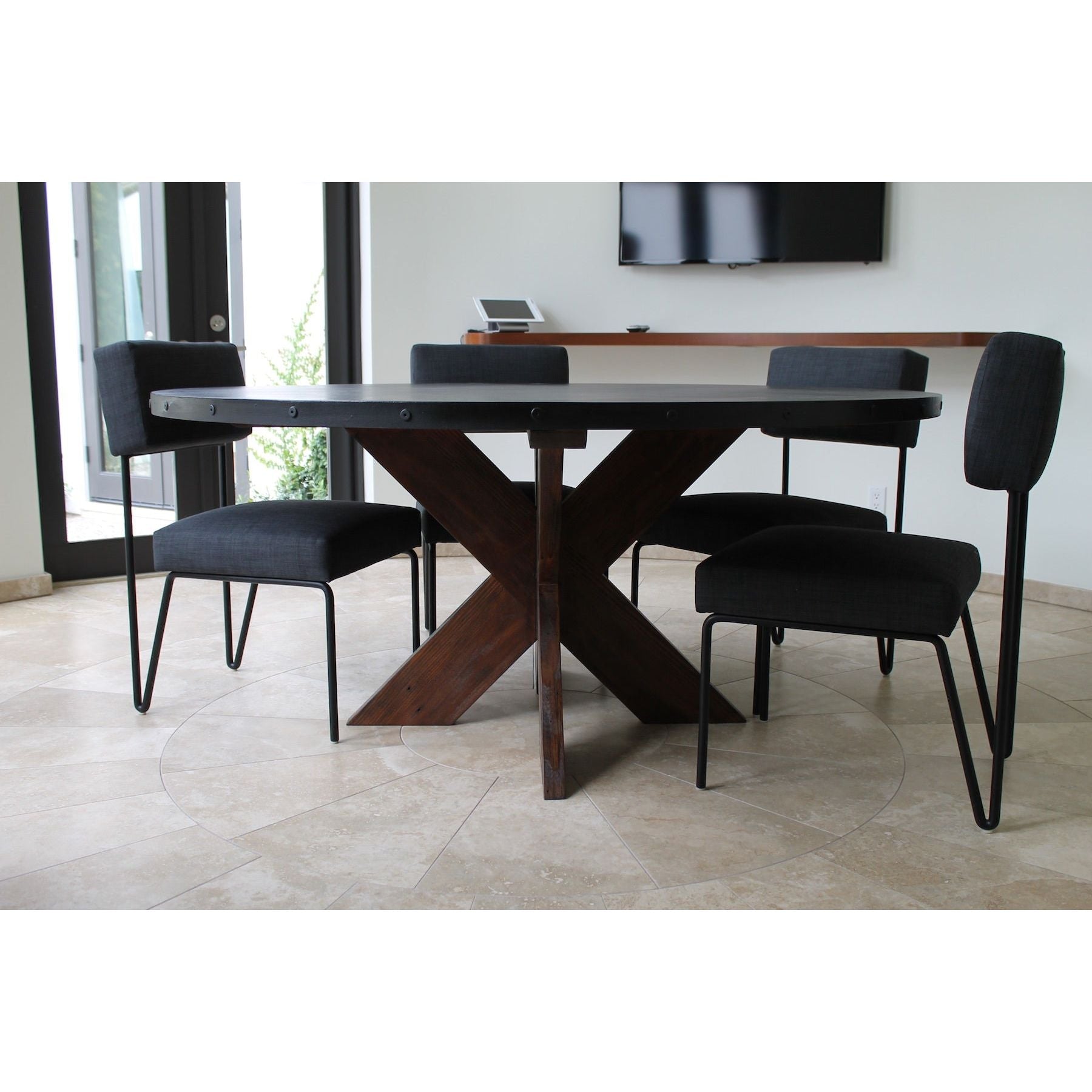 Modern Round Metal Top X Base Dining Table – Mortise & Tenon