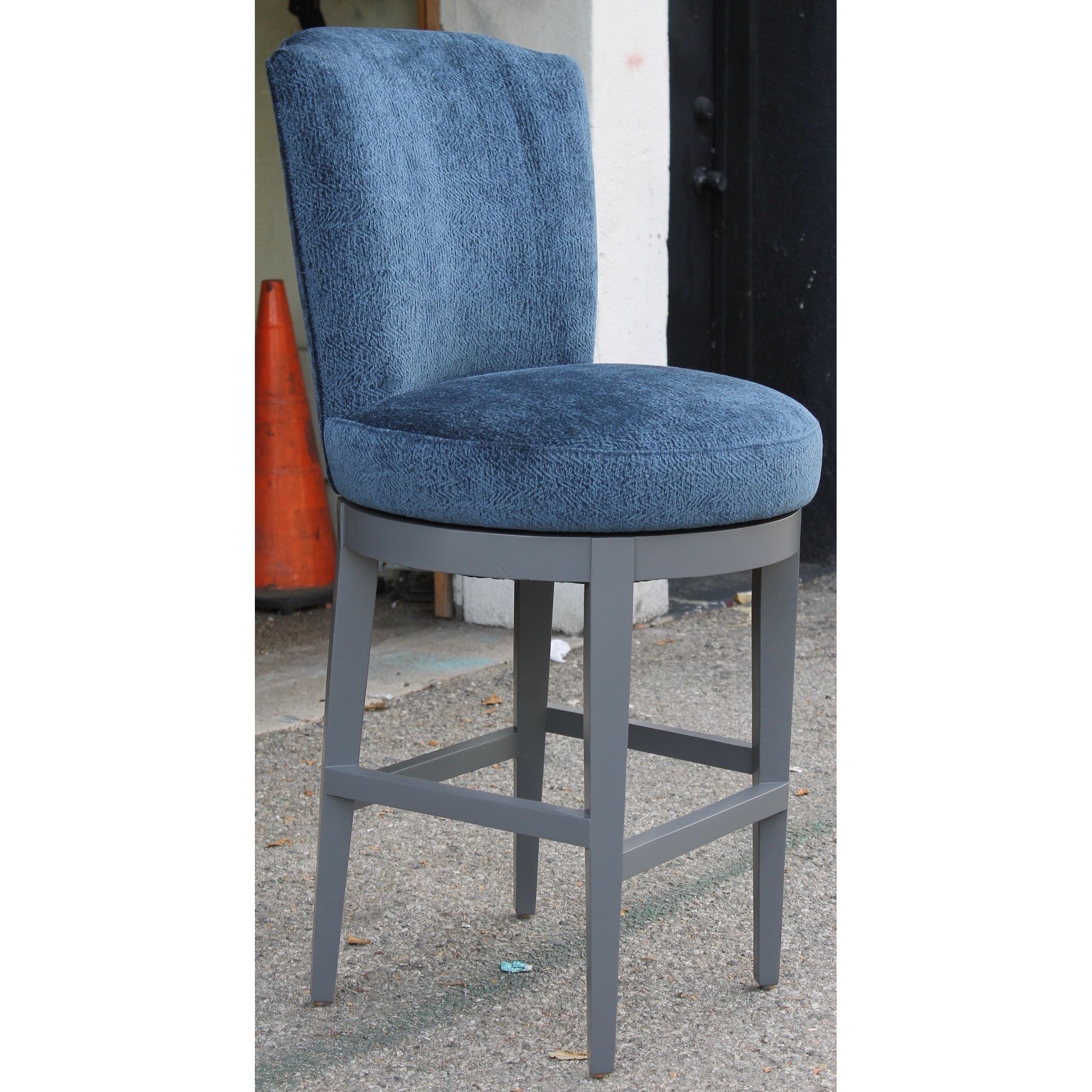 Swivel Bar Height Stools In Blue Chenille Mortise Tenon