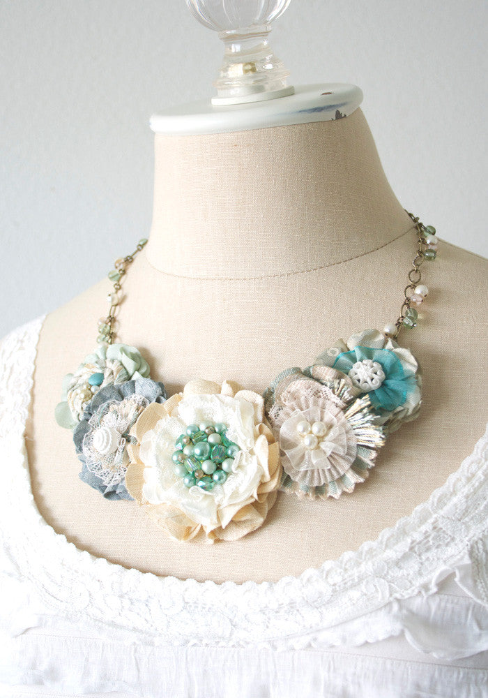 Fabric Flower Necklace Turquoise Blue And Ivory Rosy Posy Designs