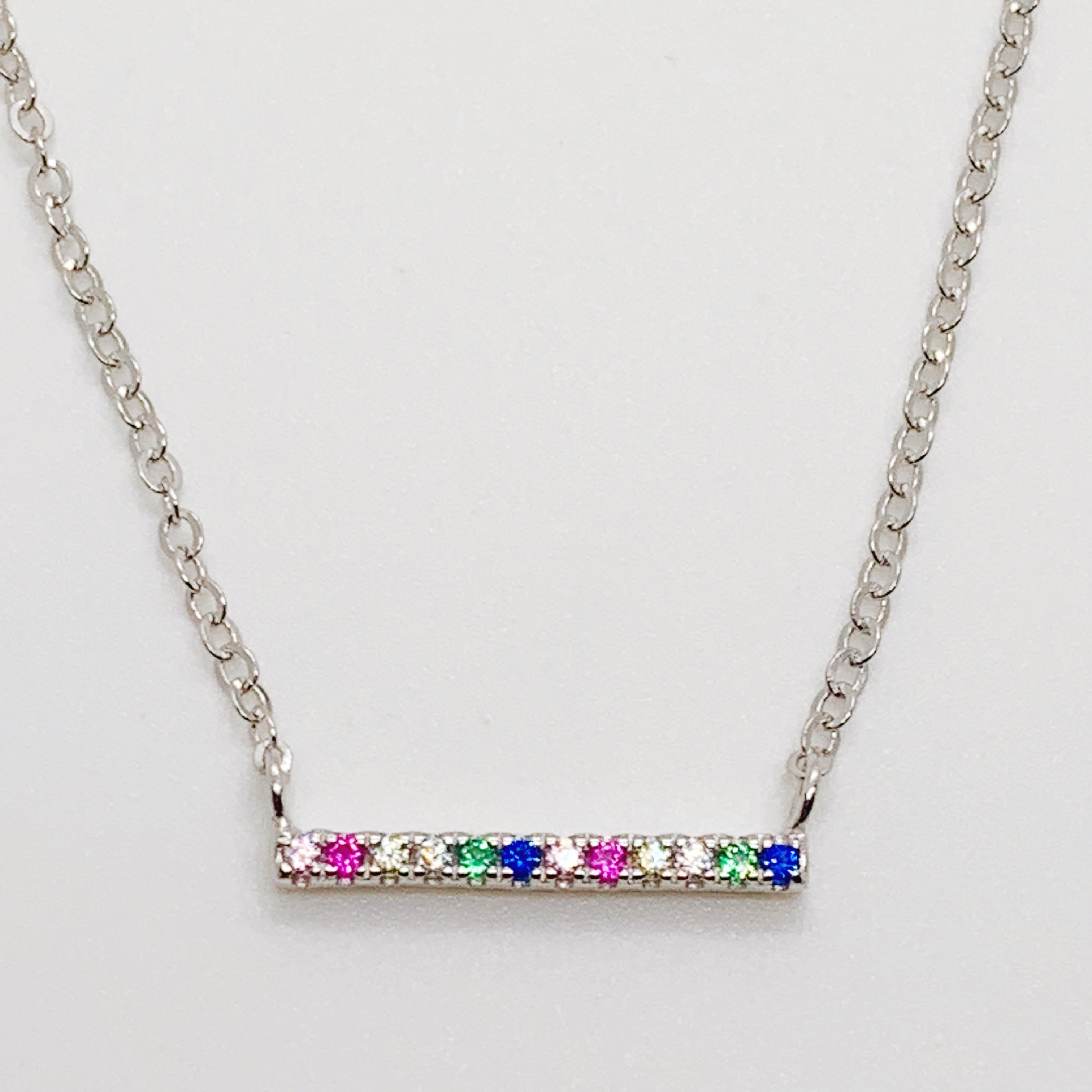 Tiny CZ Sterling Silver Rainbow Bar Necklace