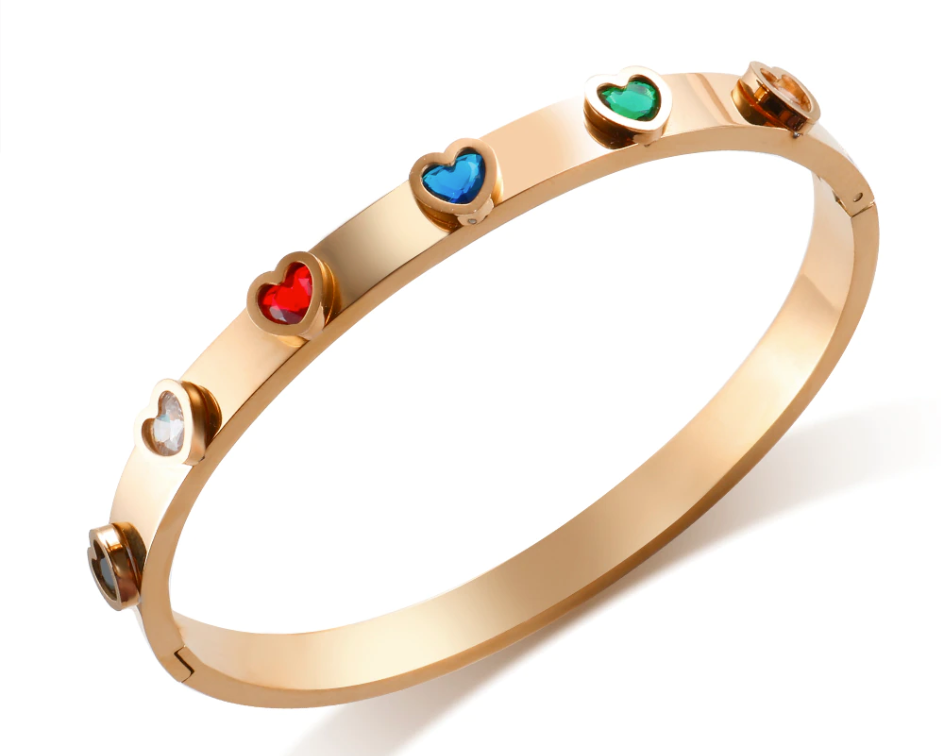 Rainbow Heart Bangle Bracelet with CZ stones