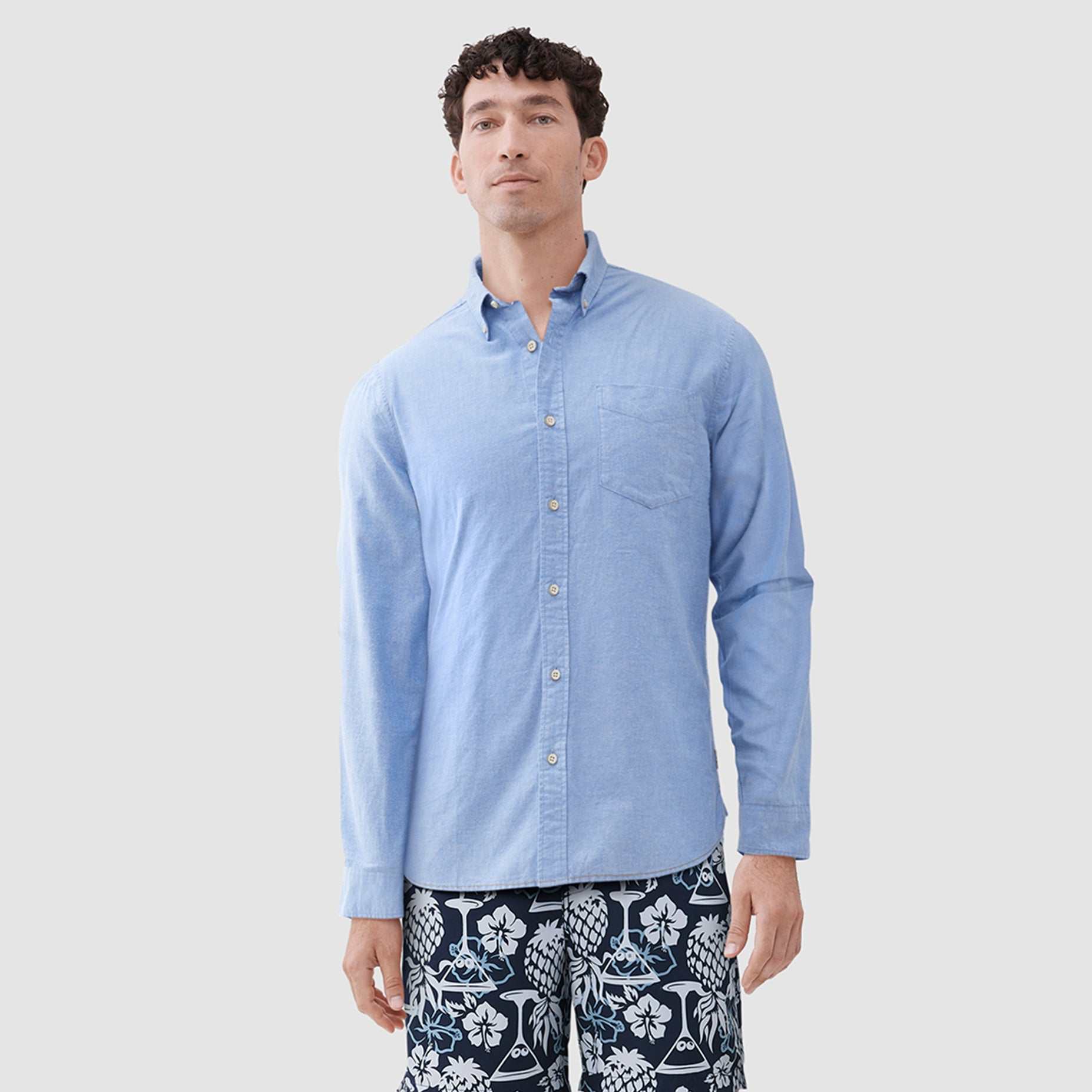 Image of Brian Oxford Martini Sleeve Shirt - Blue Combo