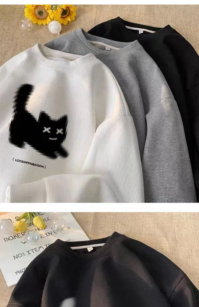 Felpa oversize bianca con stampa di gatto nero, casual uomo fino a 5XL.