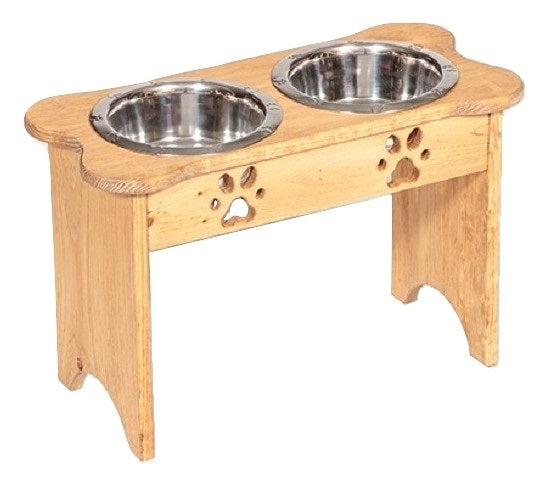 Bone Shaped Wood Dog Feeder Handmade Elevated Stand With Paw Print