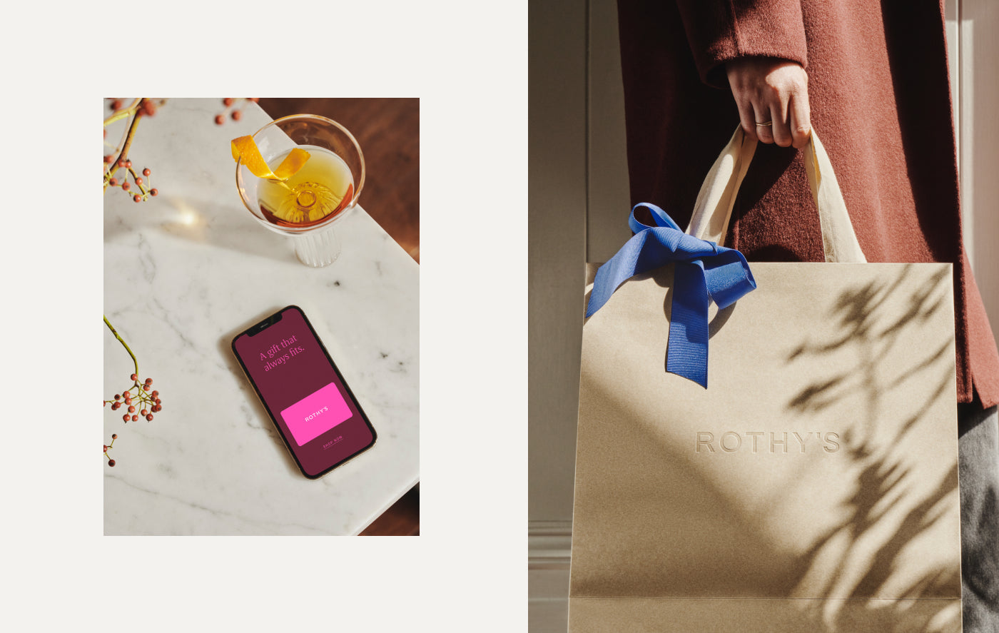 On the left, a phone showing a Rothy's virtual gift card on its screen and on the right, a Rothy's bag with a ribbon.