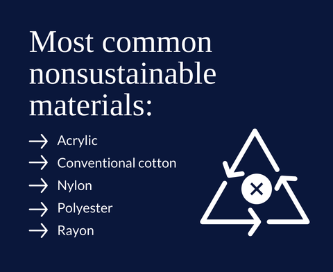 Most common non sustainable materials: Acrylic, Conventional cotton, Nylon, Polyester. Rayon