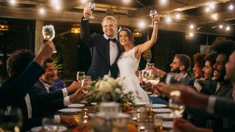 Bride and groom proposing a toast at night wedding reception with guests