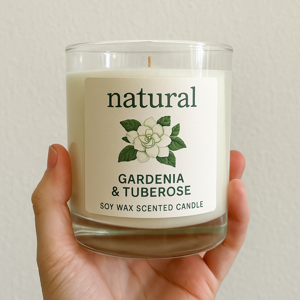 A candle labeled with gardenia and tuberose held in hand, emphasizing natural floral ingredients.