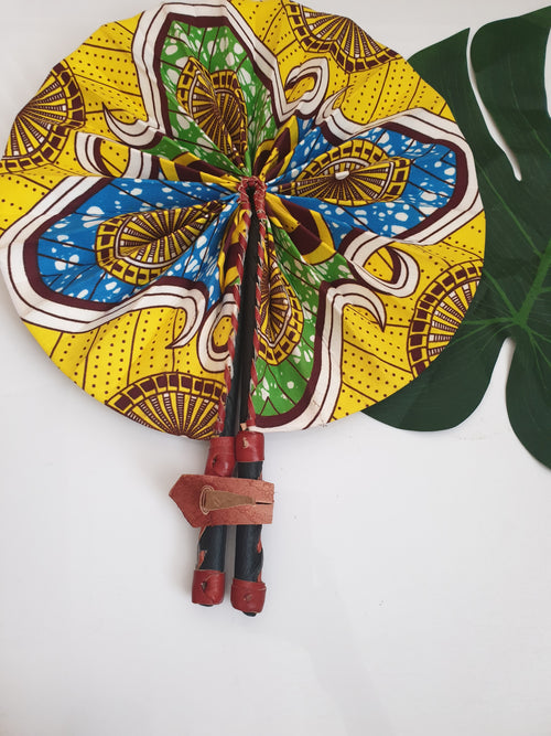 Yellow and blue African Leather Folding Fan