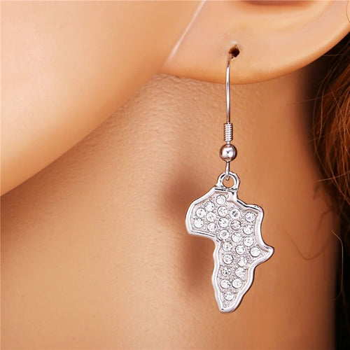 Silver rhinestone - Africa Map Earrings