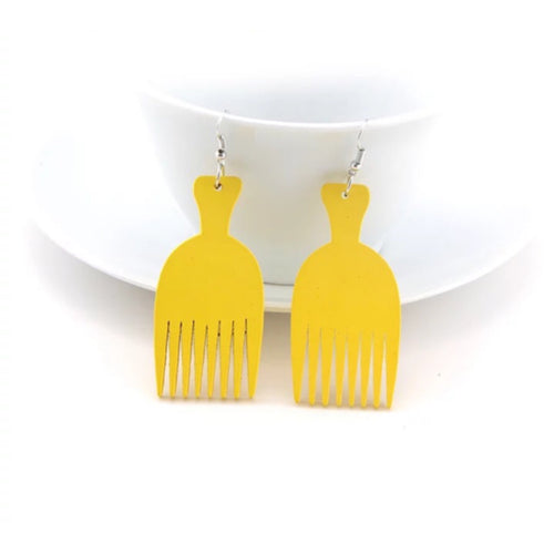 Yellow Afro Comb Wooden Earrings