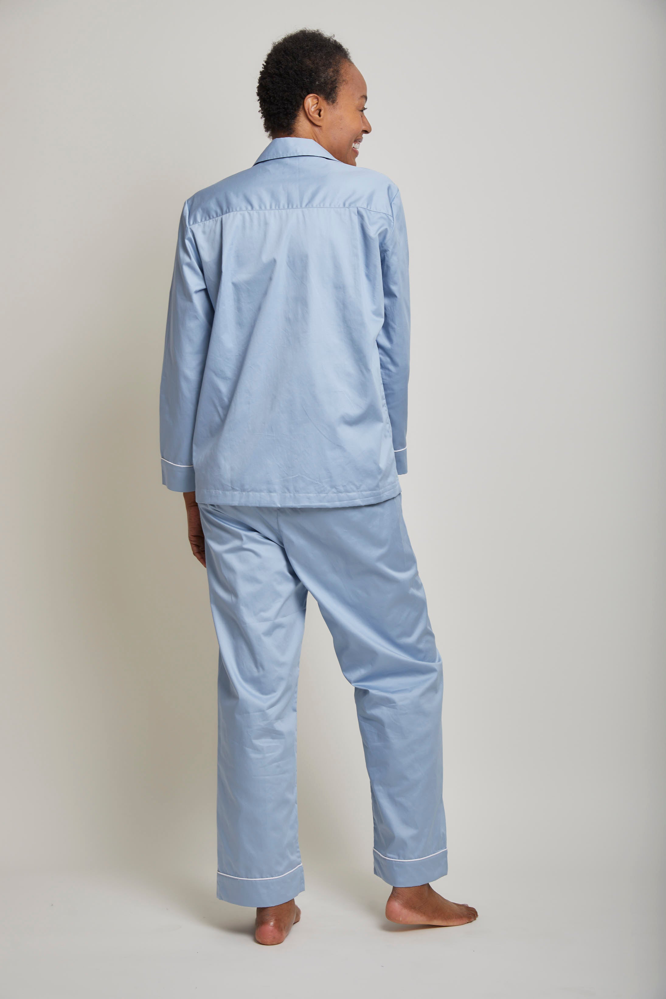 Cotton Sateen Pajama Set with Contrast Piping- Captain's Blue