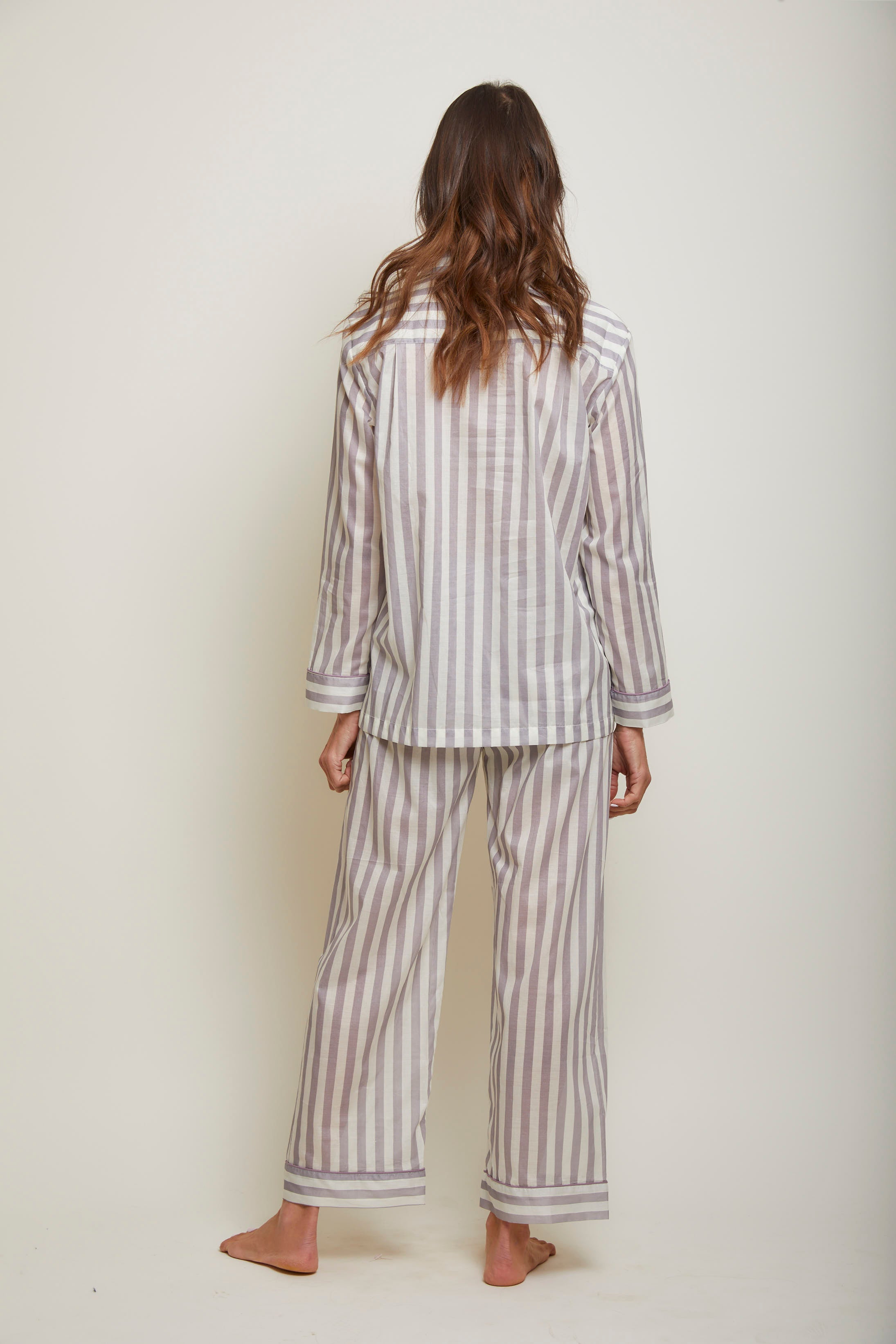 Striped Pajama Set with Contrast Piping- Grey/Nirvana