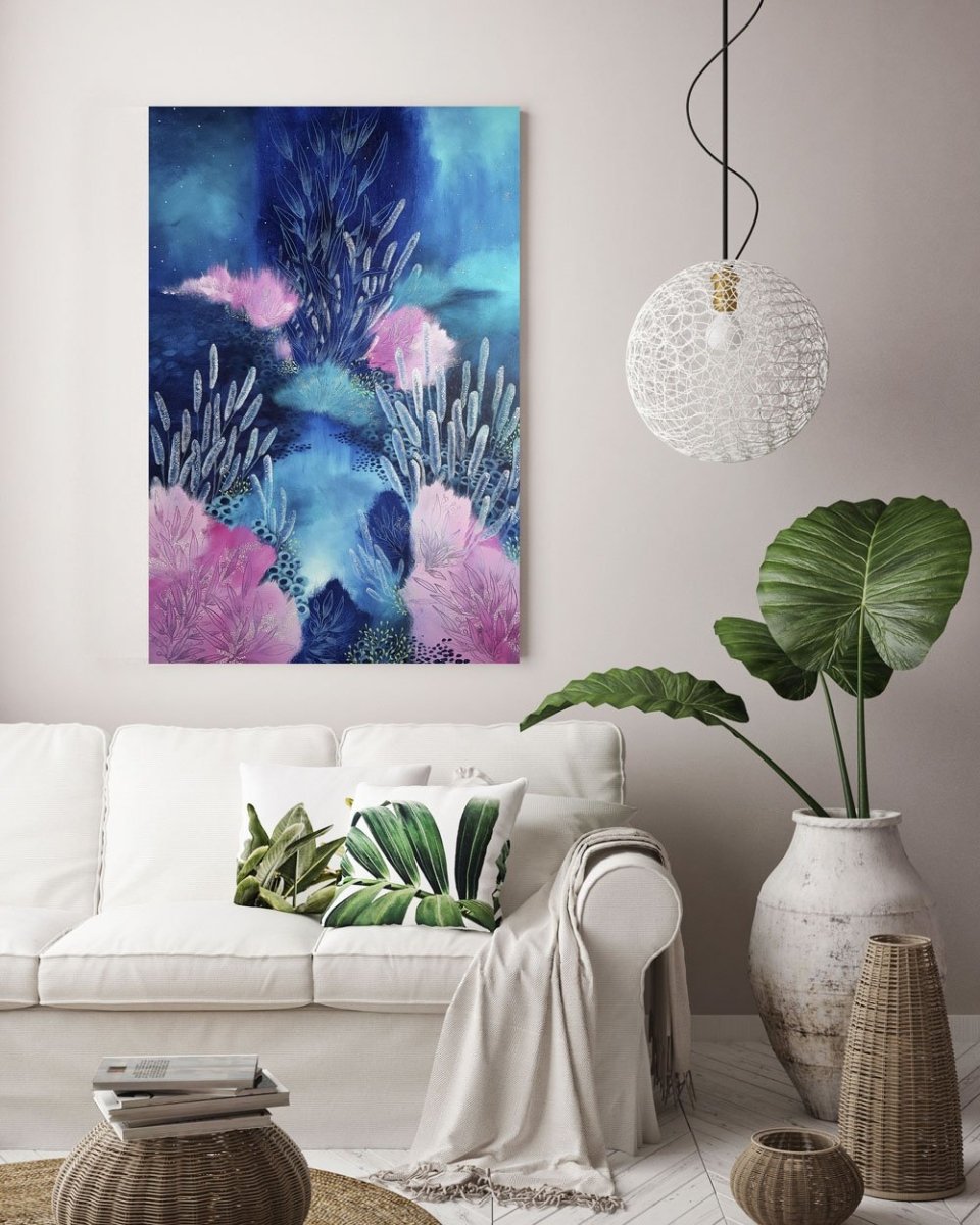 Navy Blue Aqua and Pink painting inspired by organic forms of Ocean Re ...