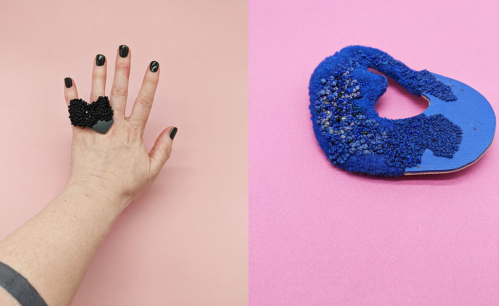 Textile and Silversmith ring and brooch by Faye Hall