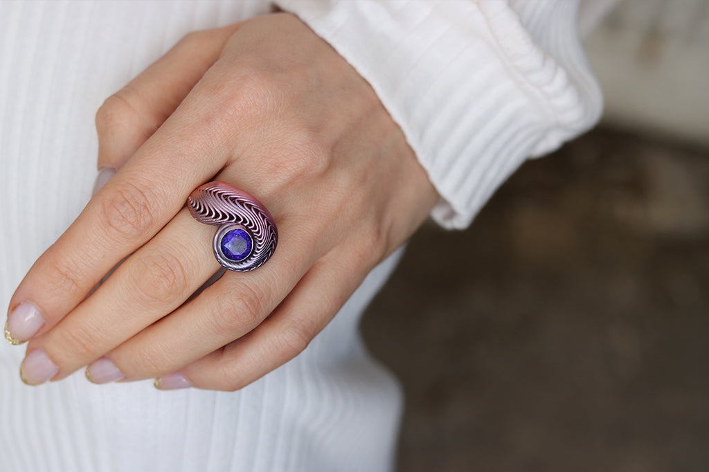 Lynne Maclachlan Purple ceramic coated art ring for diana porter exhibition