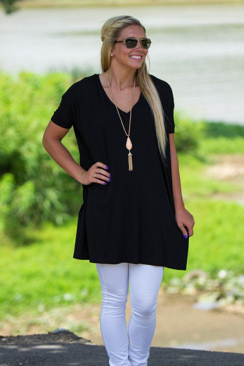 Short Sleeve V-Neck Piko Tunic - Black – Piko Clothing